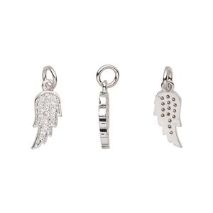 Charm, cubic zirconia and silver-plated brass, clear, 13x6mm single-sided wing with 5mm jump ring. Sold per pkg of 2.