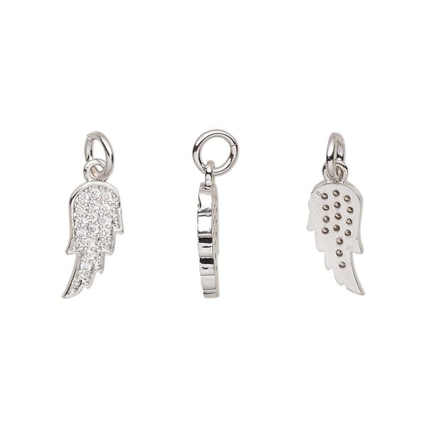 Charm, cubic zirconia and silver-plated brass, clear, 13x6mm single-sided wing with 5mm jump ring. Sold per pkg of 2. image number 0