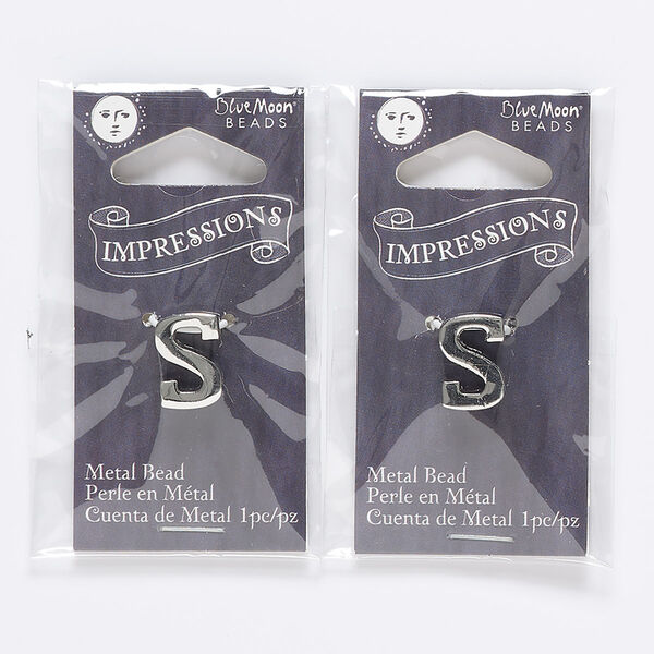 Bead, silver-finished "pewter" (zinc-based alloy), 13x9mm top-drilled alphabet letter "S" with 2mm hole. Sold per pkg of 2. image number 0
