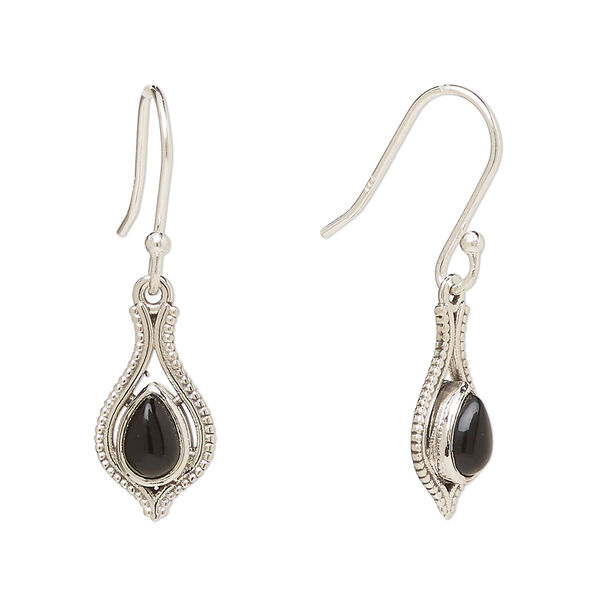Ear wire, Create Compliments®, antiqued sterling silver and black onyx (dyed), fishhook, 29.5mm with 15x9mm single-sided open beaded teardrop, 21 gauge. Sold per pair. image number 0
