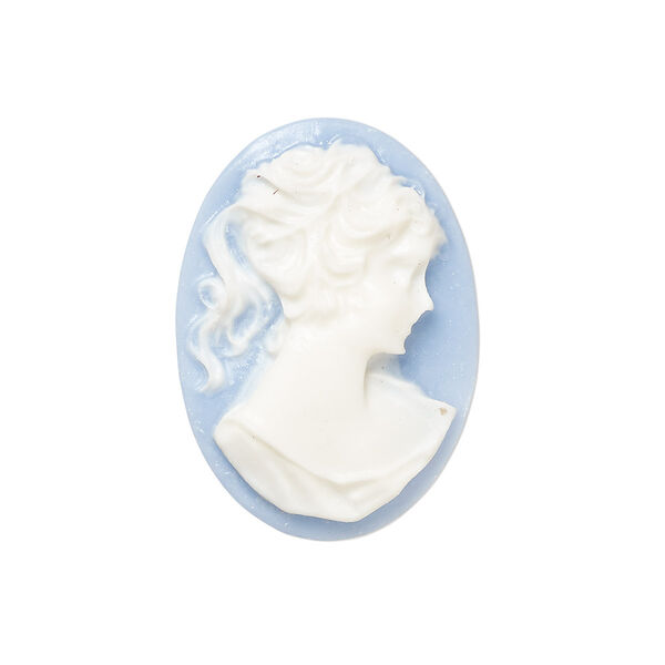 Cabochon, acrylic, white and blue, 25x18mm right- or left-facing non-calibrated oval cameo with woman. Sold individually. image number 0