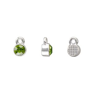 Drop, silver-finished "pewter" (zinc-based alloy) and glass rhinestone, peridot green, 6mm faceted round, August birthstone. Sold per pkg of 10.