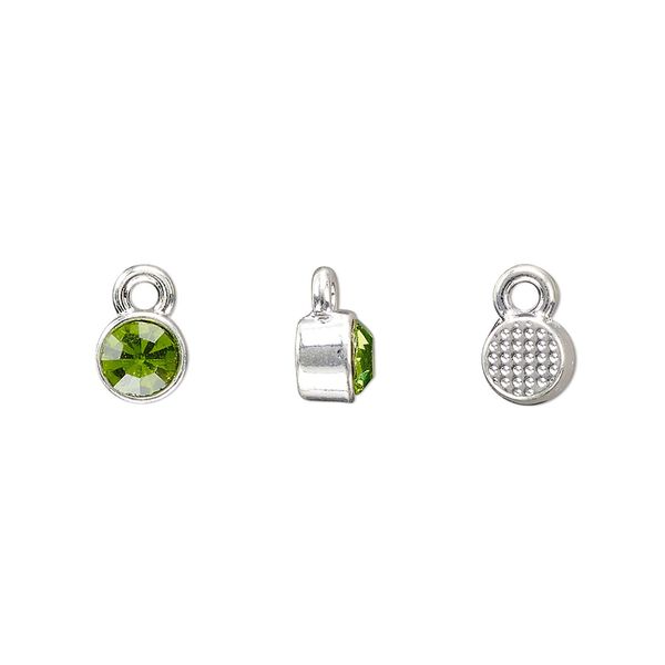 Drop, silver-finished "pewter" (zinc-based alloy) and glass rhinestone, peridot green, 6mm faceted round, August birthstone. Sold per pkg of 10. image number 0