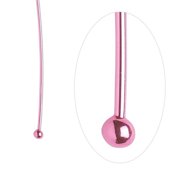Head pin, electro-coated brass, pink, 1-1/2 inches with 2mm ball, 21 gauge. Sold per pkg of 10. image number 0