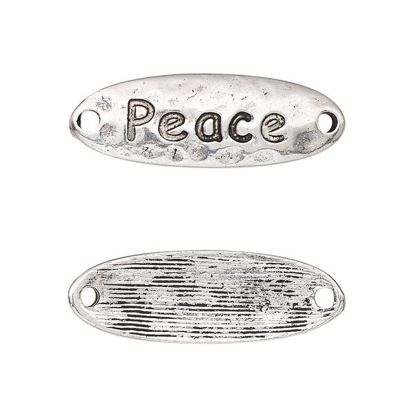Link, antique silver-finished "pewter" (zinc-based alloy), 29.5x10mm single-sided curved hammered flat oval with "Peace." Sold per pkg of 2. image number 0