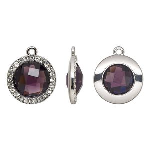 Drop, glass / glass rhinestone / imitation rhodium-finished "pewter" (zinc-based alloy), clear and transparent amethyst purple, 19mm single-sided round. Sold per pkg of 2.