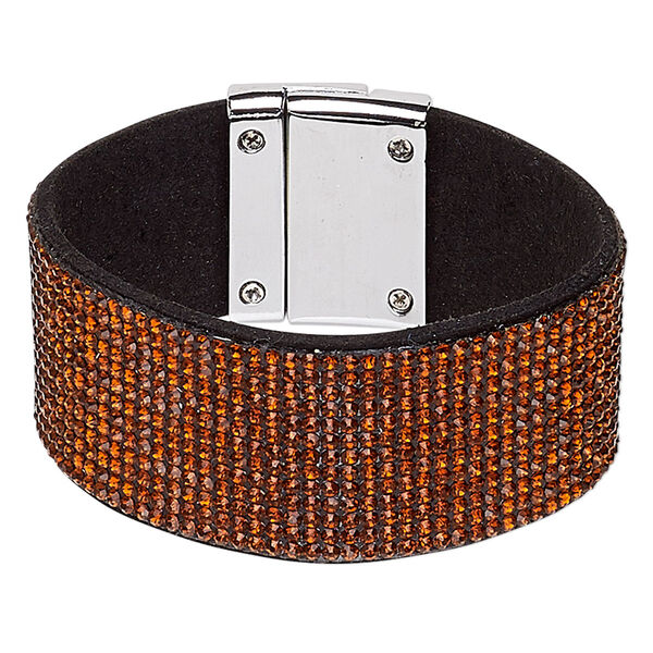 Bracelet, glass rhinestone / faux suede / imitation rhodium-plated "pewter" (zinc-based alloy), black and brown, 31mm wide, 6-1/2 inches with magnetic clasp. Sold individually. image number 0