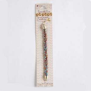 Bracelet component, nylon with gold-finished steel and "pewter" (zinc-based alloy), teal / red / purple, 8mm wide braided, 5-1/2 inches. Sold individually.