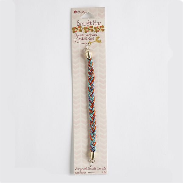 Bracelet component, nylon with gold-finished steel and "pewter" (zinc-based alloy), teal / red / purple, 8mm wide braided, 5-1/2 inches. Sold individually. image number 0