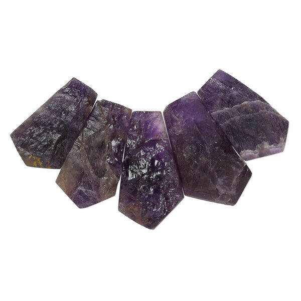 Bead, amethyst (coated), 30x18mm-45x19mm graduated hand-cut top-drilled rough rectangular freeform, C grade, Mohs hardness 7. Sold per 5-piece set. image number 0