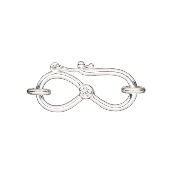 Clasp, S-hook, sterling silver and cubic zirconia, clear, 26x12.5mm single-sided with safety latch closure. Sold individually. image number 0