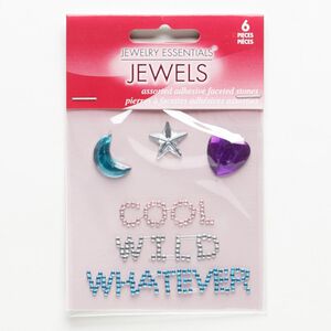 Flat back, self-adhesive acrylic, assorted colors, 13x13mm-58x9mm assorted shape. Sold per pkg of 6.