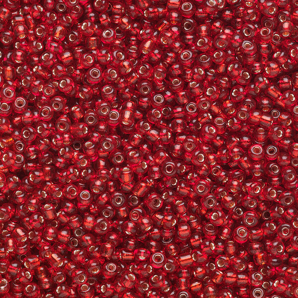 Seed bead, Ming Tree™, glass, pkg/1 pound, #11 round, transparent silver-lined ruby red. image number 0