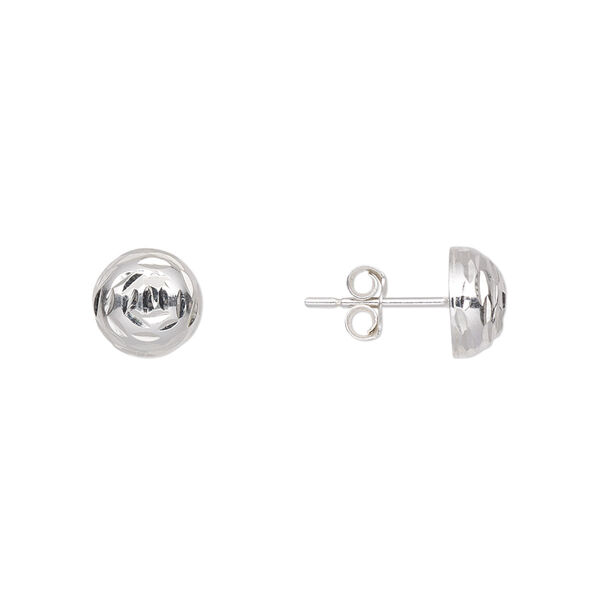Earstud, sterling silver, 8mm diamond-cut half-ball with post. Sold per pair. image number 0