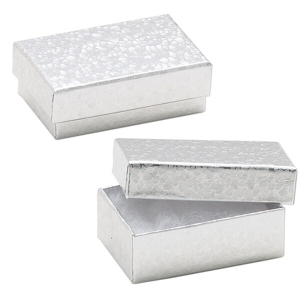Box, paper, "cotton"-filled, silver, 2-5/8 x 1-1/2 x 1-inch rectangle. Sold per pkg of 10. image number 0
