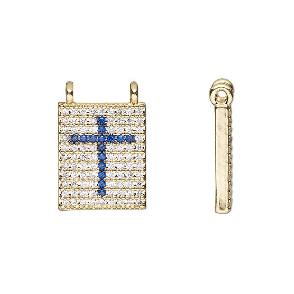 Connector, cubic zirconia and gold-finished brass, clear and dark blue, 13.5x11mm single-sided rectangle with cross. Sold individually. image number 0