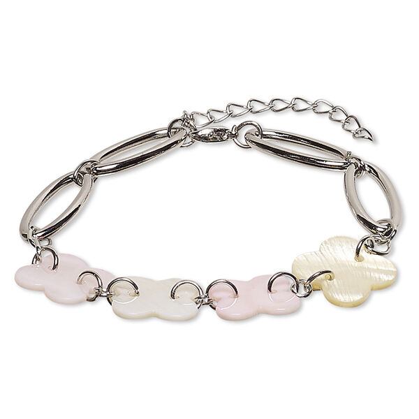Bracelet, freshwater pearl shell (natural / bleached / dyed) / silver-coated plastic / silver-finished steel / "pewter" (zinc-based alloy), light pink / light yellow / light brown, 16mm wide with 16mm flower, 7 inches with 2-inch extender chain and lobster claw clasp. Sold individually. image number 0