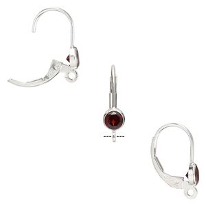 Ear wire leverback 1pkg2 sterling silver / garnet (natural), 17mm / 4mm faceted round / open loop, 1 pair