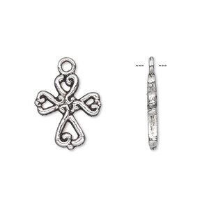 Drop, antique silver-plated "pewter" (zinc-based alloy), 16x14mm double-sided cross. Sold per pkg of 10.