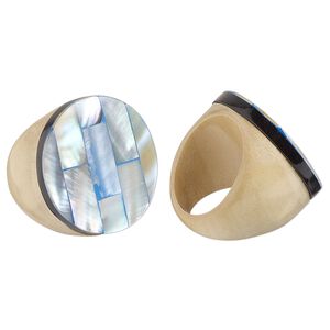 Ring, Everyday Jewelry, Taiwanese cheesewood, blue and black, 17mm round, size 6.5. Sold individually.