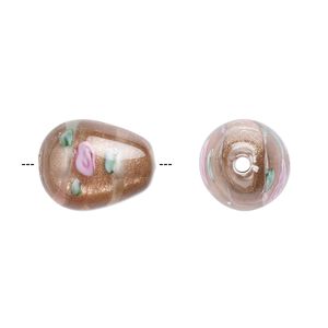 Bead, Czech lampworked glass, opaque brown / pink / green, 14x10mm-15x11mm teardrop with flower design. Sold per pkg of 2.