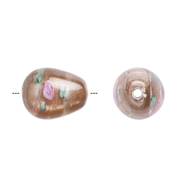 Bead, Czech lampworked glass, opaque brown / pink / green, 14x10mm-15x11mm teardrop with flower design. Sold per pkg of 2. image number 0