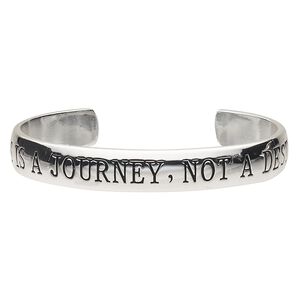 Bracelet, cuff, silver-plated brass, 11mm wide with "HAPPINESS IS A JOURNEY, NOT A DESTINATION," 7-1/2 inches. Sold individually.