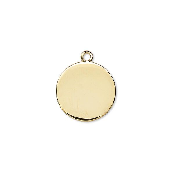 Drop, gold-plated brass, 15mm flat round with closed loop. Sold per pkg of 100. image number 0
