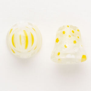 Cord end 1pkg2 millefiori glass, translucent clear / white / yellow, 17-18mm bell.