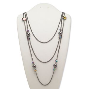 Necklace, 3-strand, glass / gunmetal-coated plastic / gunmetal-finished brass / steel, black and metallic purple, 28 inches with 2-inch extender chain and lobster claw clasp. Sold individually.
