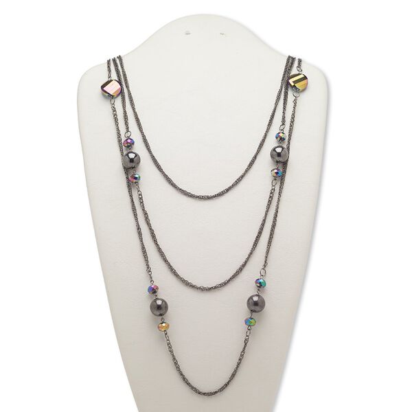 Necklace, 3-strand, glass / gunmetal-coated plastic / gunmetal-finished brass / steel, black and metallic purple, 28 inches with 2-inch extender chain and lobster claw clasp. Sold individually. image number 0