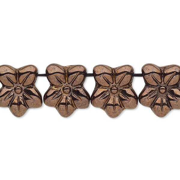 Spacer, Czech pressed glass, antique bronze gold, 13x11mm 2-strand flower. Sold per 8-inch strand, approximately 20 spacers. image number 0