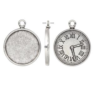 Drop, antique silver-finished "pewter" (zinc-based alloy), 28mm two-sided round with watch face and 25mm non-calibrated round setting. Sold individually.