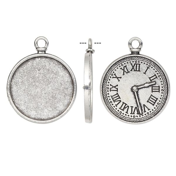 Drop, antique silver-finished "pewter" (zinc-based alloy), 28mm two-sided round with watch face and 25mm non-calibrated round setting. Sold individually. image number 0