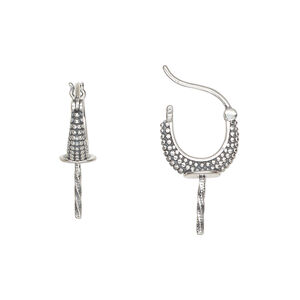 Earring hoop 1pkg2 sterling silver, 12mm beaded latch-back / closed loop / 8mm peg, antiqued 1 pair