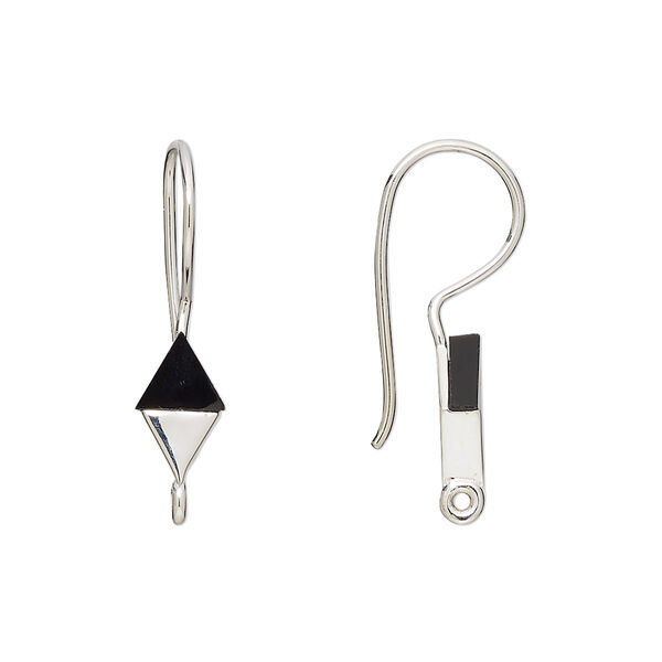 Ear wire, black onyx (dyed) and sterling silver, 24mm fishhook with 10x6mm hand-cut diamond and closed loop, 19 gauge. Sold per pair. image number 0