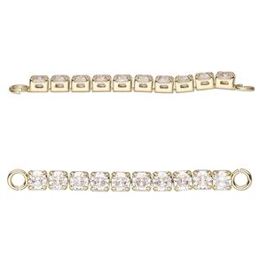 Link, gold-finished brass and cubic zirconia, clear, 35x3mm single-sided cupchain. Sold individually.