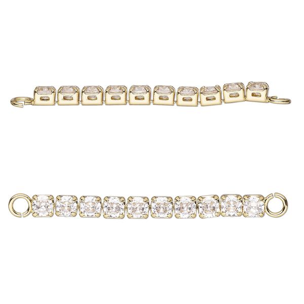 Link, gold-finished brass and cubic zirconia, clear, 35x3mm single-sided cupchain. Sold individually. image number 0