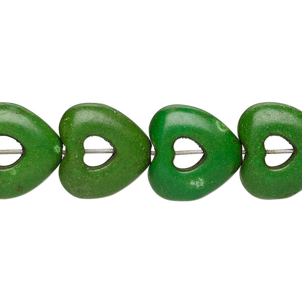 Bead, "turquoise" (resin) (imitation), dark apple green, 15x15mm open heart with 4x4mm center hole. Sold per 15-inch strand. image number 0
