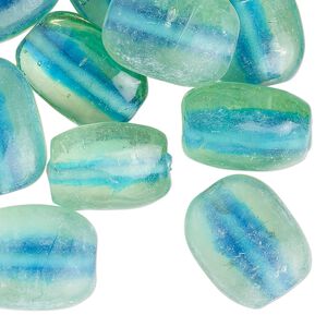 Bead, glass, translucent light green and blue, 18x15mm puffed rectangle. Sold per pkg of 20.