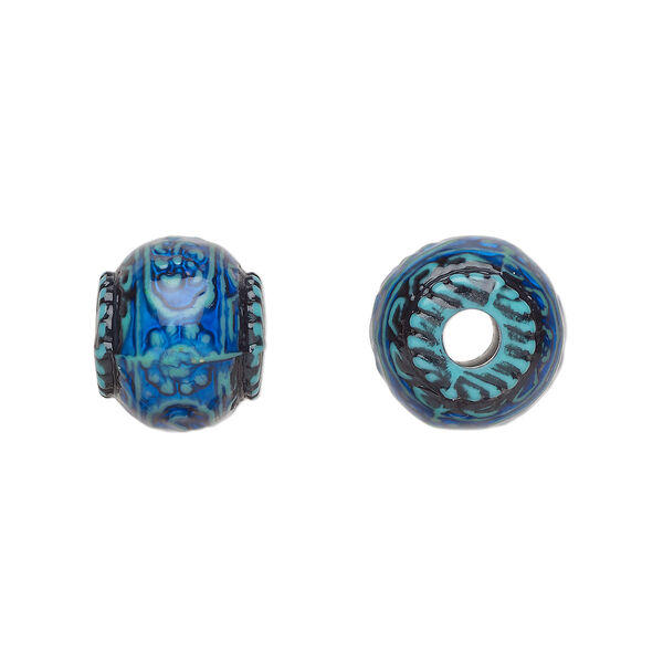 Bead, acrylic, opaque multicolored, 13x11mm color-changing rondelle with fancy design, 3.5mm hole. Sold per pkg of 2. image number 0