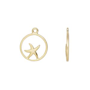 Charm Amoracast® 1pkg1 sterling silver, 12mm 2-sided open round / starfish, "vermeil" (gold finish)