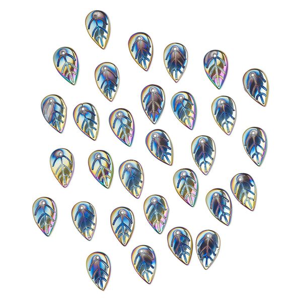 Drop, pressed glass, opaque iris multicolored, 18 x 11mm pressed leaf, top-drilled. Sold per pkg of 30. image number 0