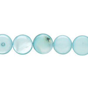 Mother-of-pearl shell 1pkg1, puffed flat round bead 15 inch teal blue 9-10mm
