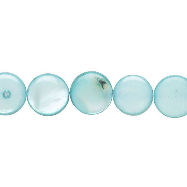 Mother-of-pearl shell 1pkg1, puffed flat round bead 15 inch teal blue 9-10mm image number 0