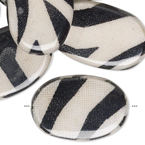 Bead, wood / cotton / acrylic, black and cream, 30x20mm double-sided flat oval with zebra stripe pattern. Sold per pkg of 8. image number 0