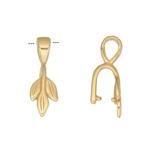 Bail, JBB Findings, ice-pick, gold-plated pewter (tin-based alloy), 23x8mm single-sided leaves with 8.5mm grip length. Sold per pkg of 2.