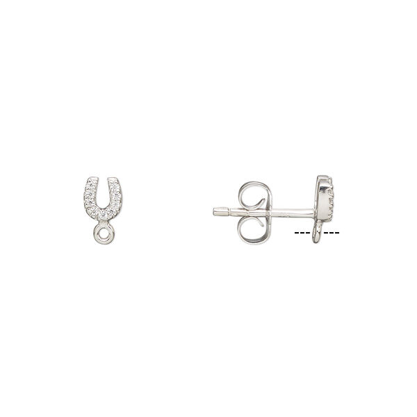 Earstud, cubic zirconia and rhodium-plated sterling silver, clear, 5x4mm horseshoe with closed loop. Sold per pair. image number 0