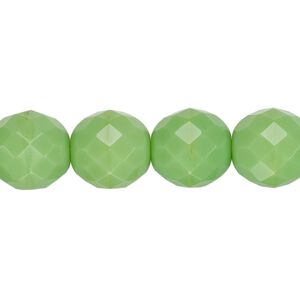 Bead, Czech fire-polished glass, pkg/15-1/2 to 16 inches, 12mm faceted round, opaque green, (53200).