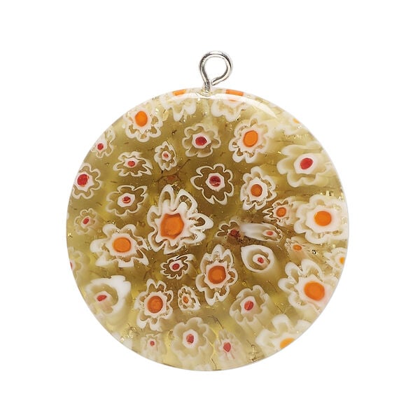 Focal, millefiori glass and silver-finished steel 1pkg1, translucent tan and multicolored, 30mm puffed flat round. image number 0